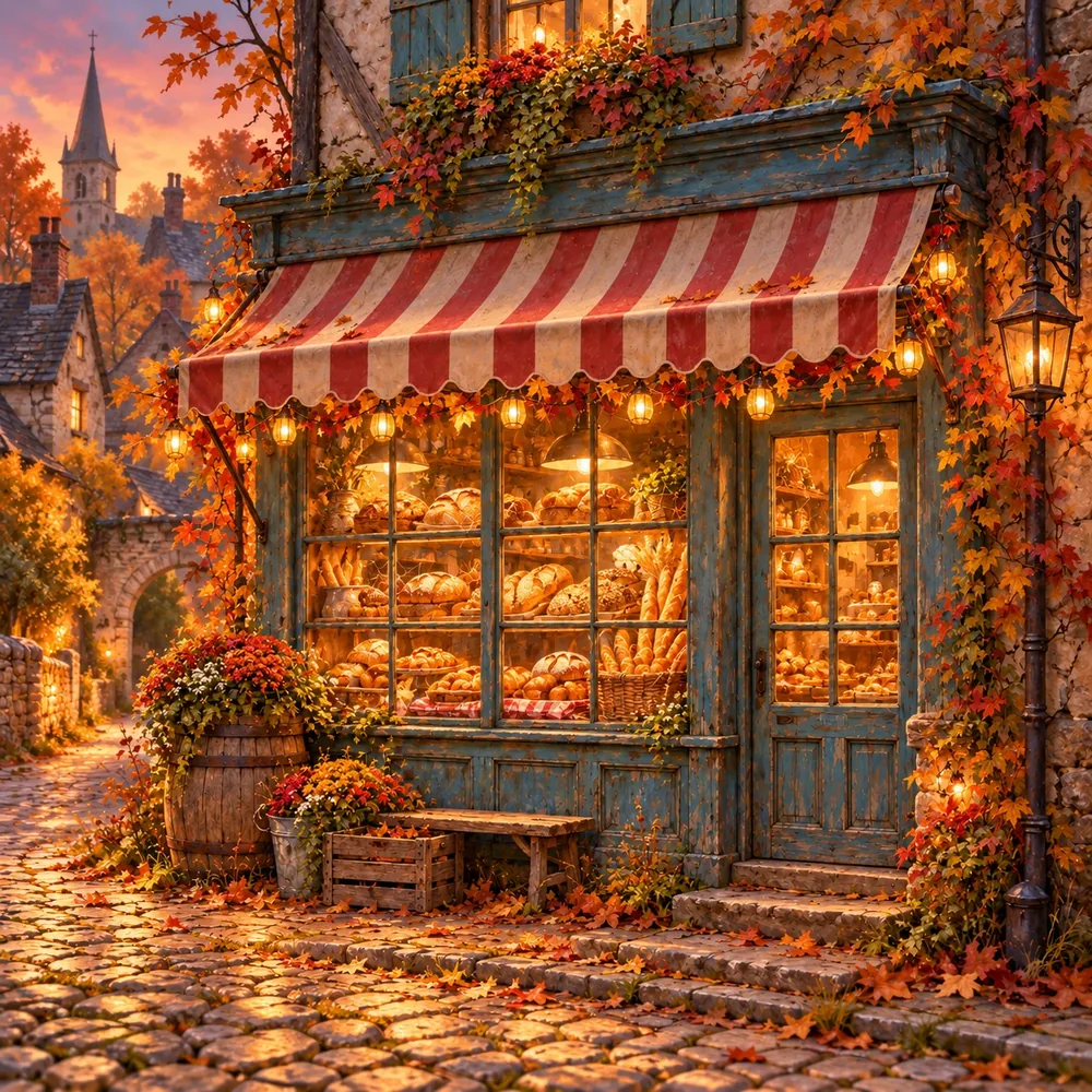 Rosie's Bakery restored: a red-and-cream striped awning, glowing windows full of bread and autumn leaves on the cobbles