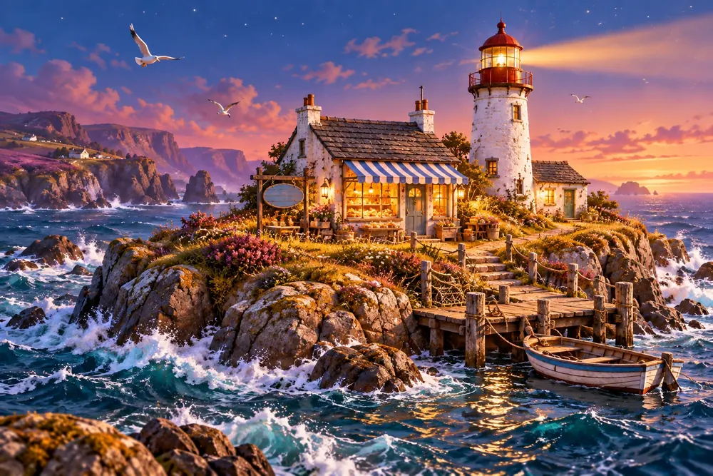 A whitewashed bakery beside a lighthouse on a tiny Scottish island at dusk