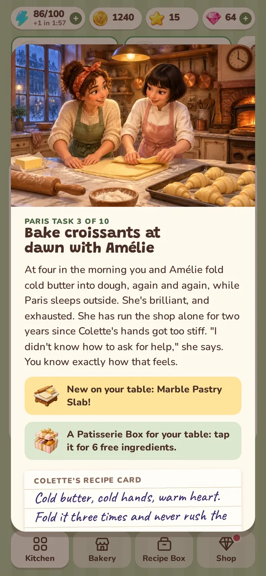 A story moment: you and Amélie folding butter into croissant dough at dawn in Paris